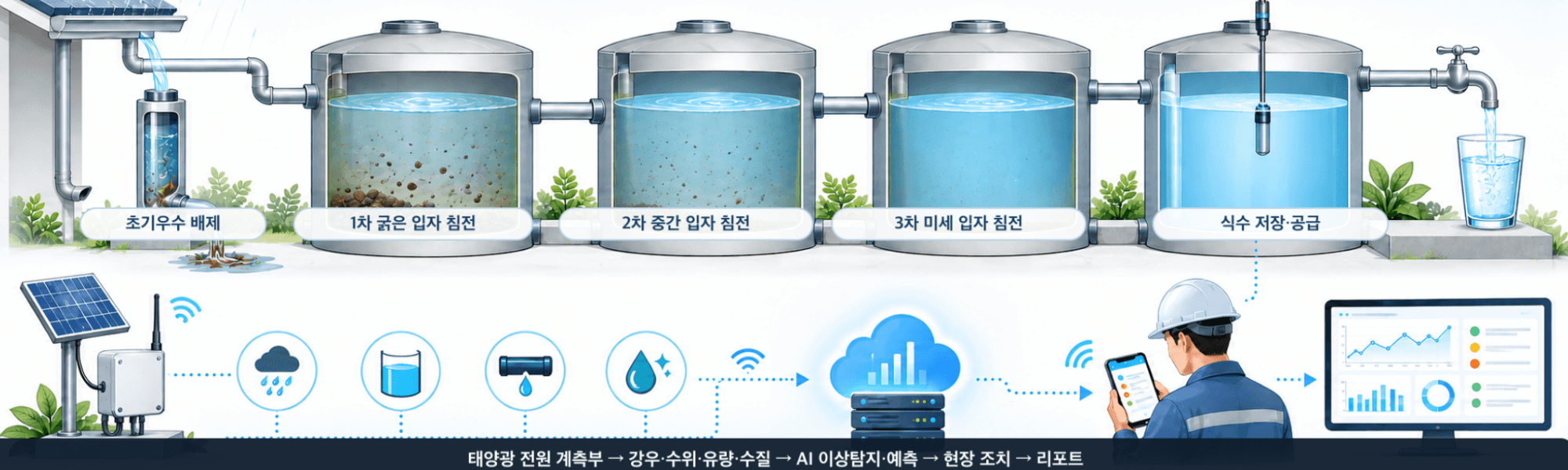 Water purification stages with solar-powered monitoring and connected field operations